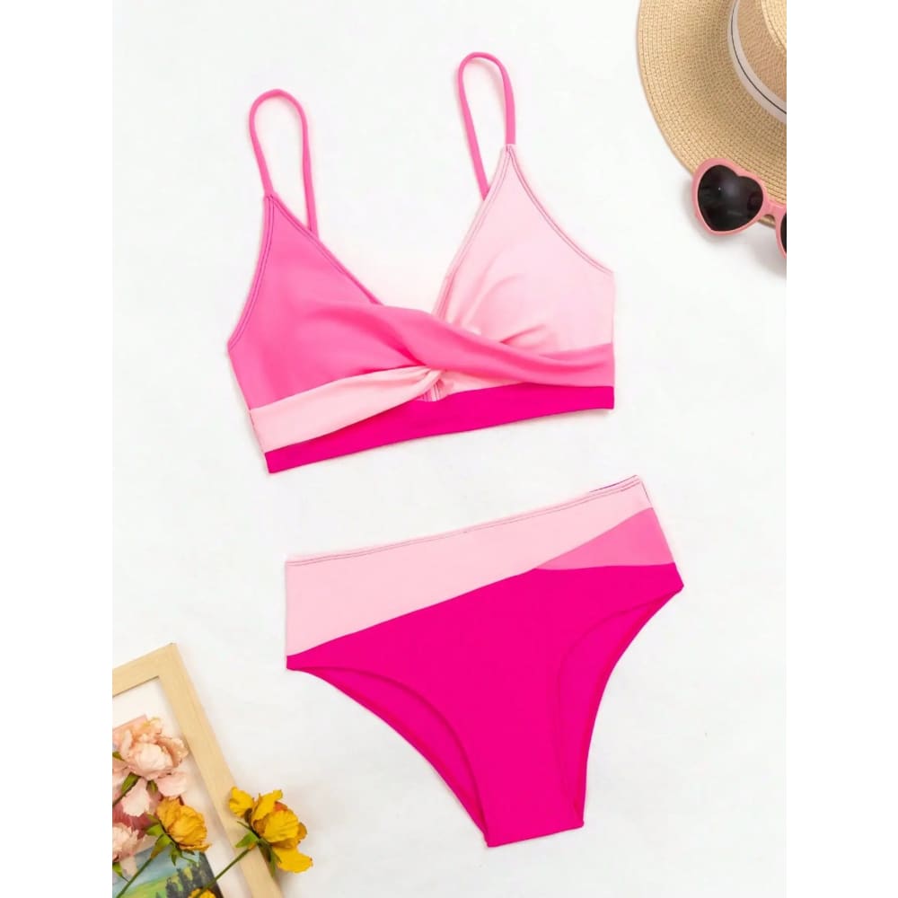 Patchwork Color‑Block High‑Waist Crisscross Bikini Set - On sale