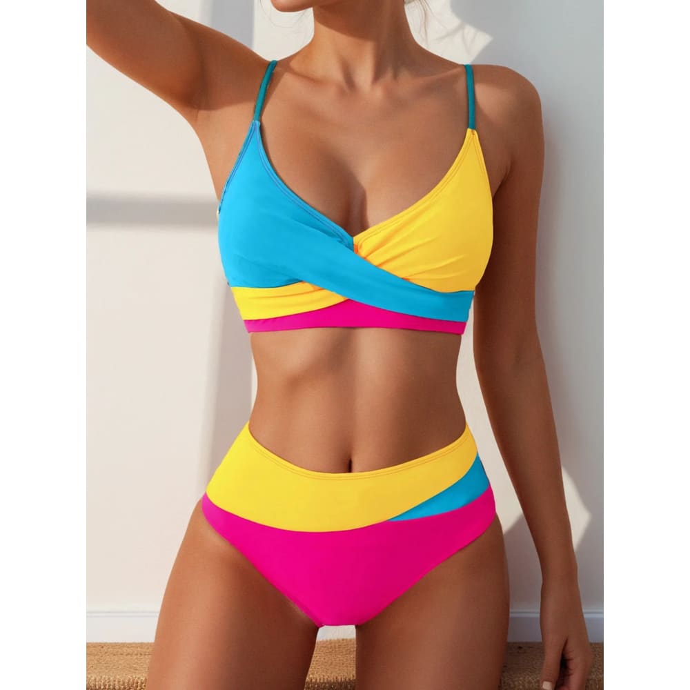 Patchwork Color‑Block High‑Waist Crisscross Bikini Set - On sale