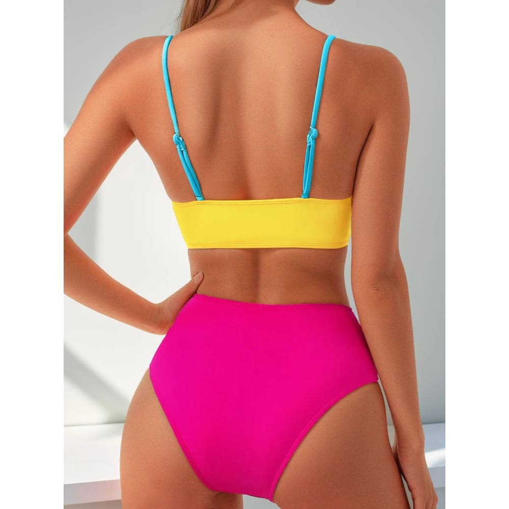 Patchwork Color‑Block High‑Waist Crisscross Bikini Set - On sale