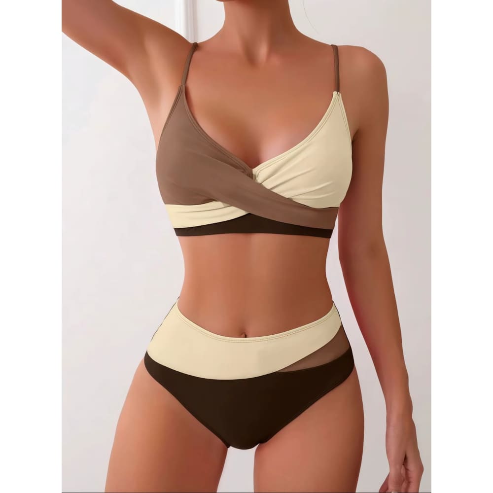 Patchwork Color‑Block High‑Waist Crisscross Bikini Set - Black / S On sale