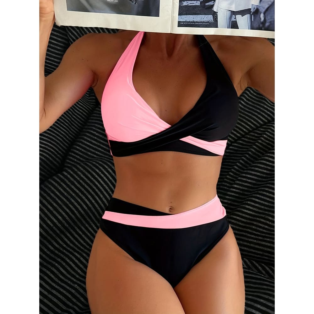 Patchwork Cross‑Strap Bikini Set – Halter Two‑Piece Swimwear - On sale