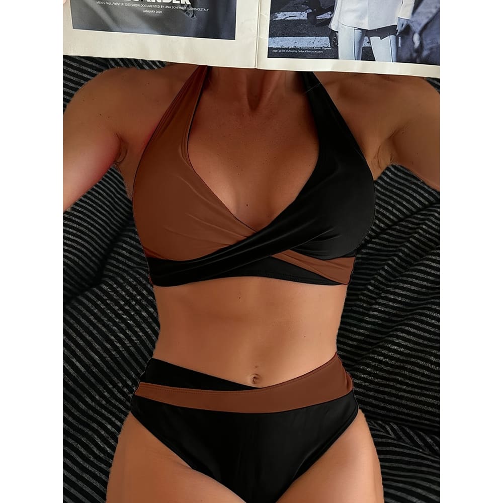 Patchwork Cross‑Strap Bikini Set – Halter Two‑Piece Swimwear - Brown / S On sale