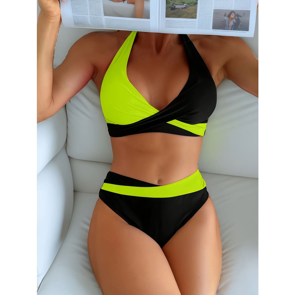 Patchwork Cross‑Strap Bikini Set – Halter Two‑Piece Swimwear - Fluorescent Green / S