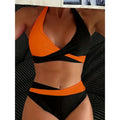 Patchwork halter bikini set, orange & black two-piece with contrast waist band