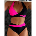 Patchwork halter bikini set, bright pink & black two-piece with cross-straps