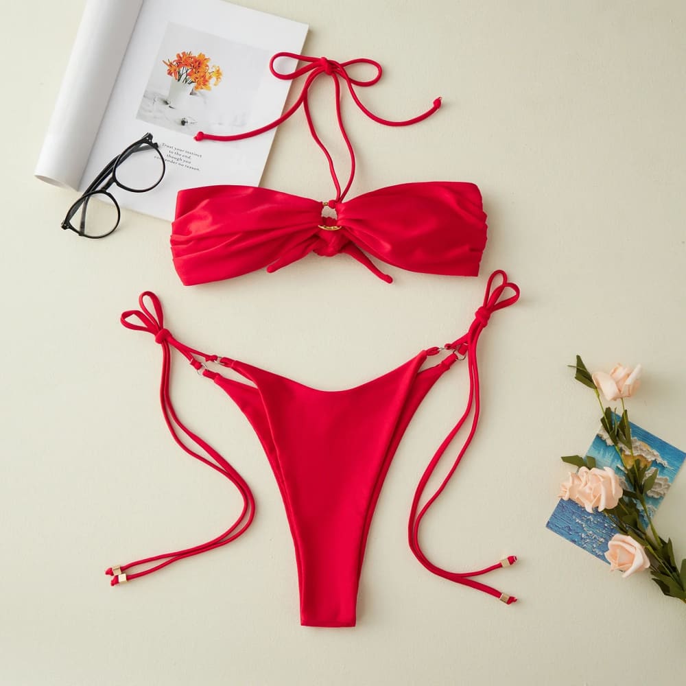 Patchwork Micro Bikini Set with Metal Ring & Low‑Waist Shorts - On sale