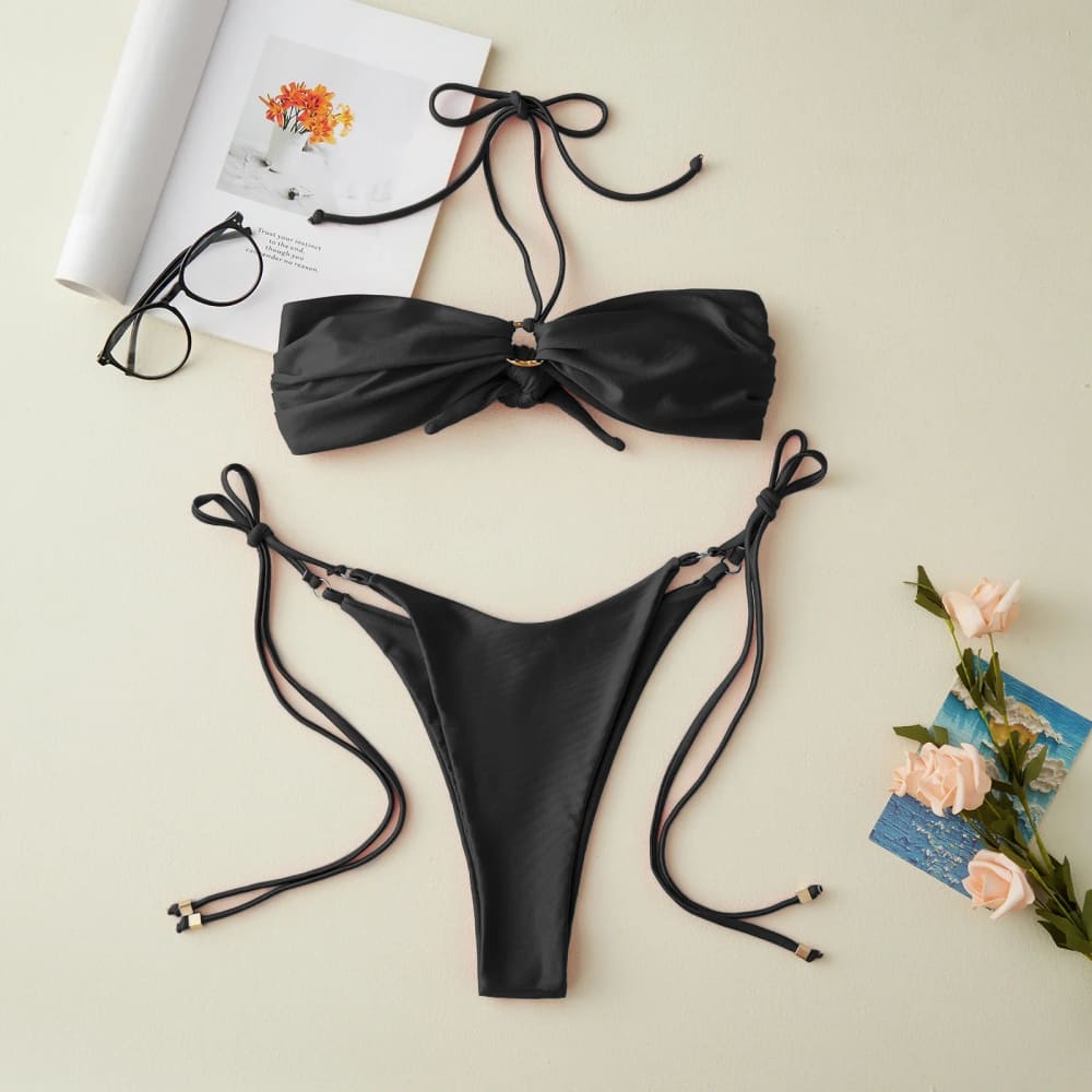 Patchwork Micro Bikini Set with Metal Ring & Low‑Waist Shorts - On sale
