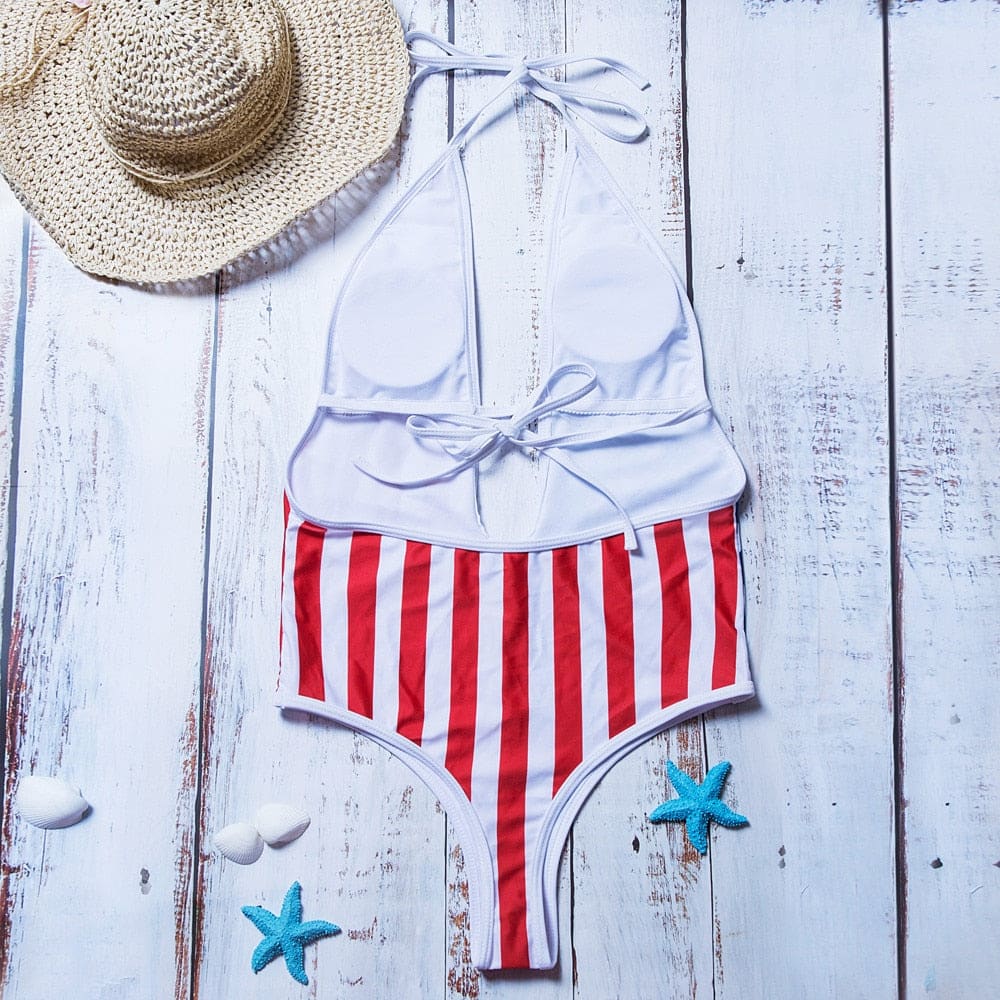 Patriotic Deep V-Neck One Piece Swimsuit - On sale