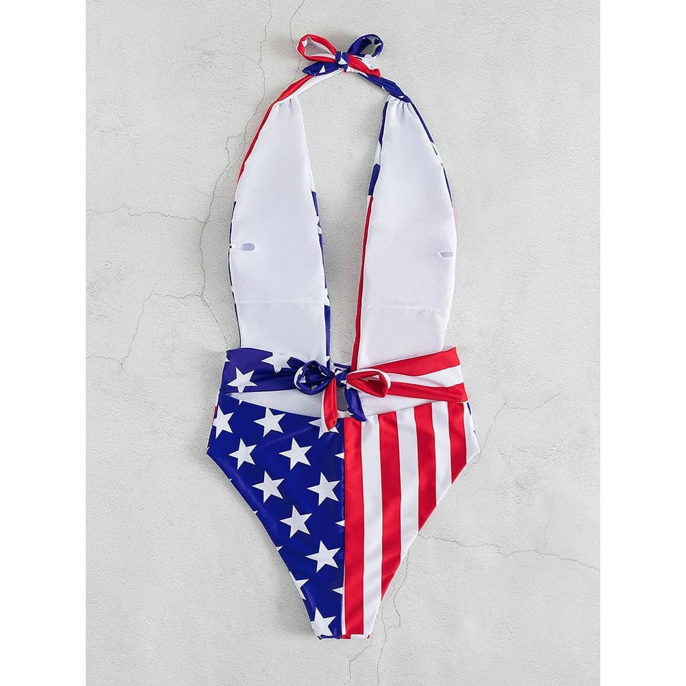 Patriotic Deep V Open Back One Piece Swimsuit - On sale