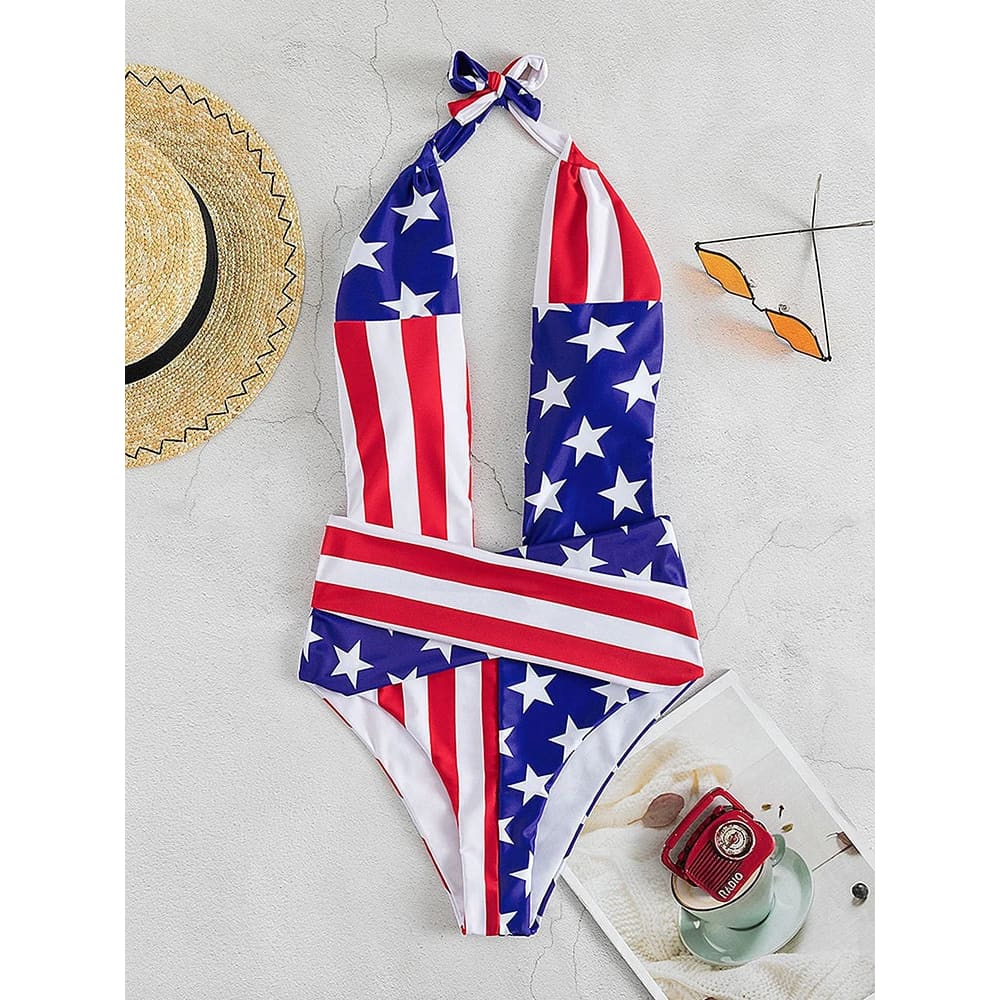 Patriotic Deep V Open Back One Piece Swimsuit - On sale