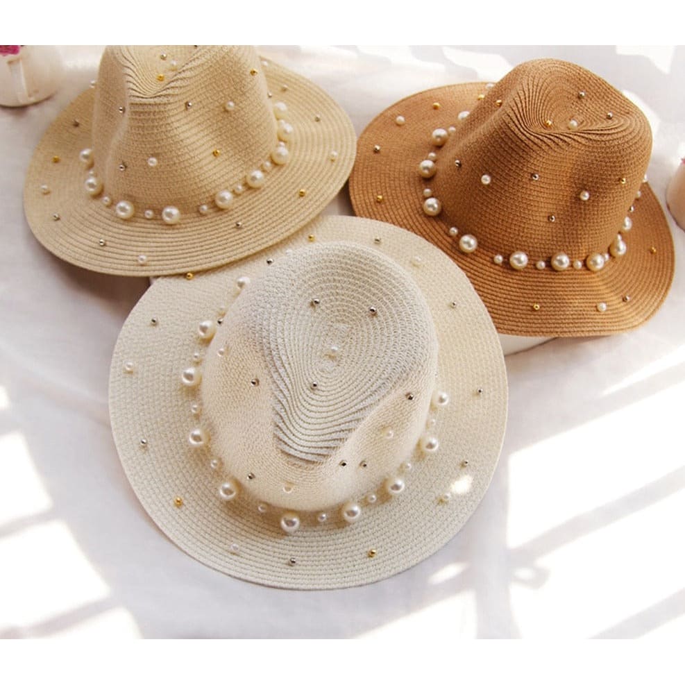 Pearl Beaded Straw Sun Hat - On sale