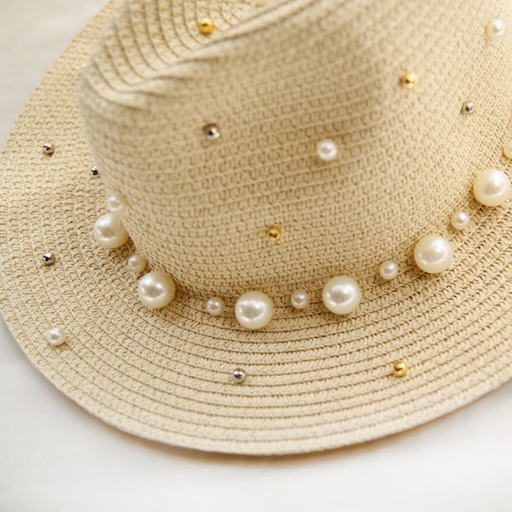 Pearl Beaded Straw Sun Hat - On sale