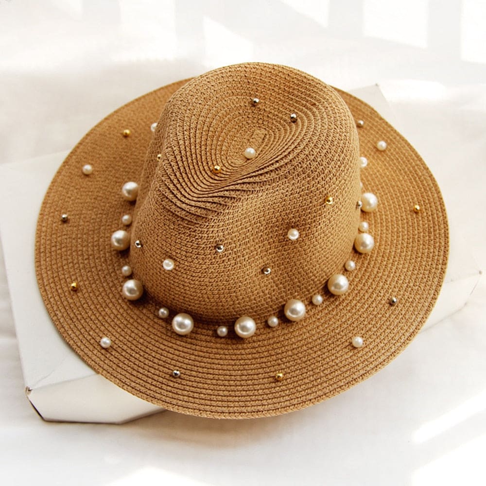 Pearl Beaded Straw Sun Hat - On sale