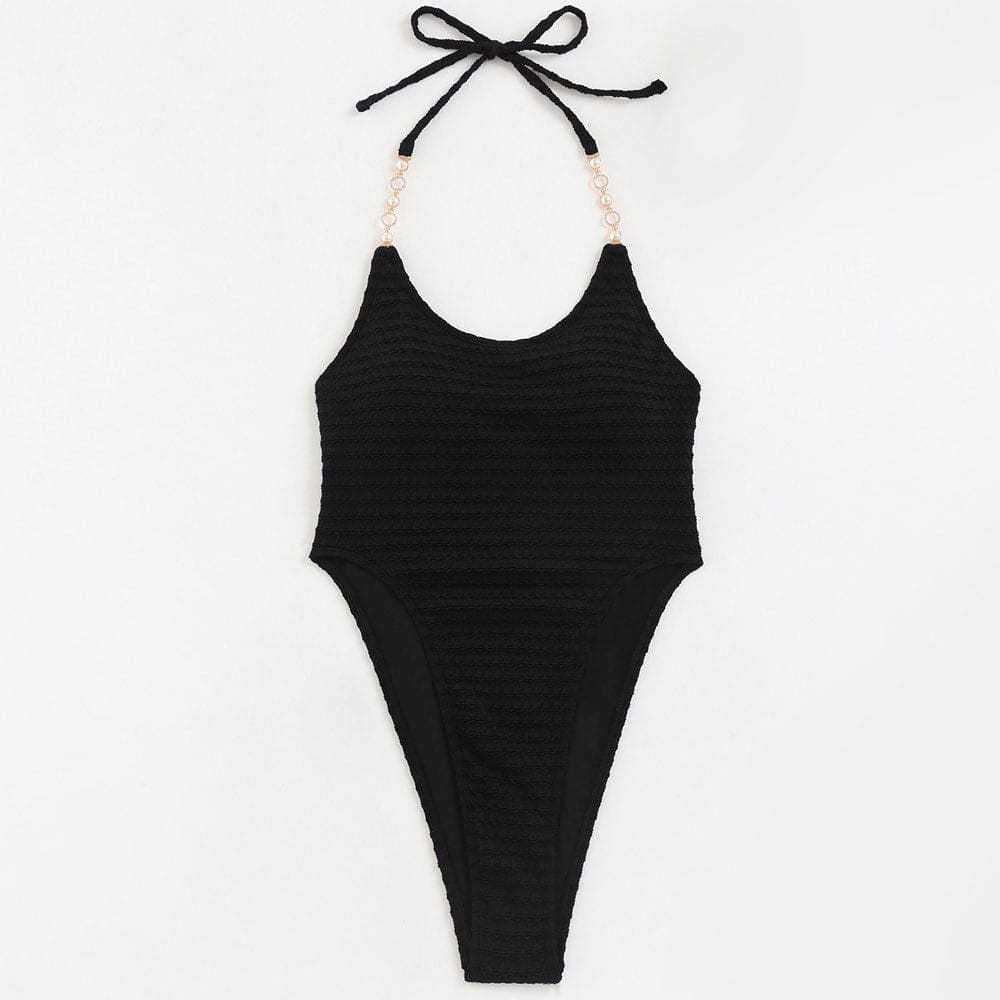 Pearl - Studded Low Back Halter One Piece Swimsuit - On sale