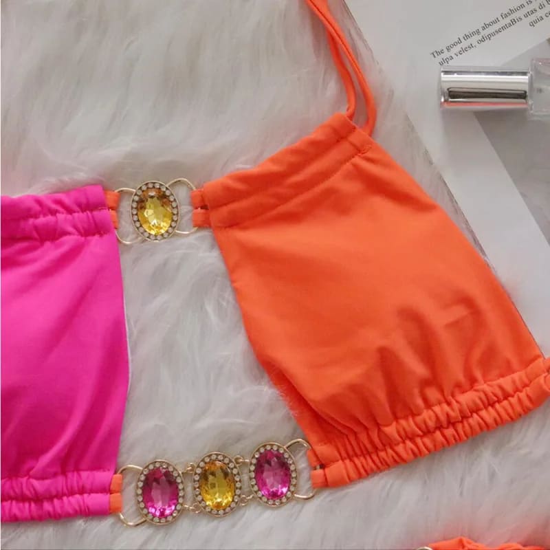 Pink Sexy Bikinis Swimsuit with Rhinestones - On sale