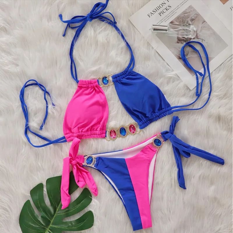 Pink Sexy Bikinis Swimsuit with Rhinestones - On sale