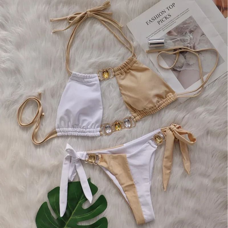 Pink Sexy Bikinis Swimsuit with Rhinestones - On sale