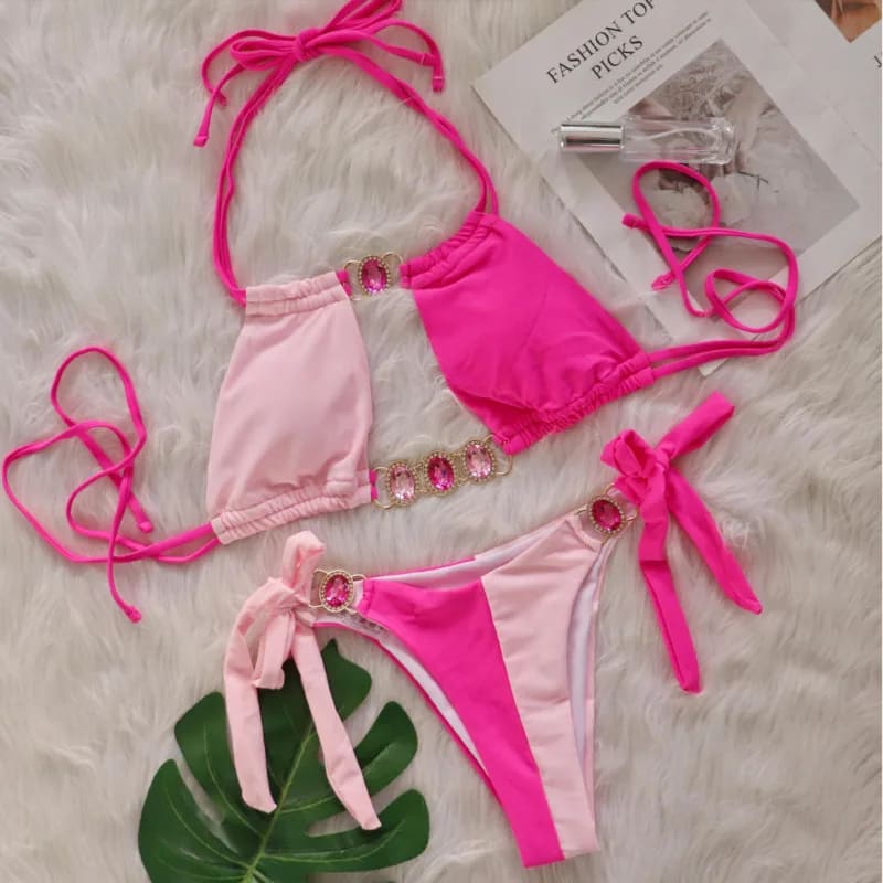 Pink Sexy Bikinis Swimsuit with Rhinestones - On sale