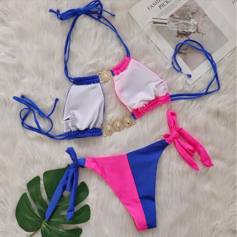Pink Sexy Bikinis Swimsuit with Rhinestones - On sale