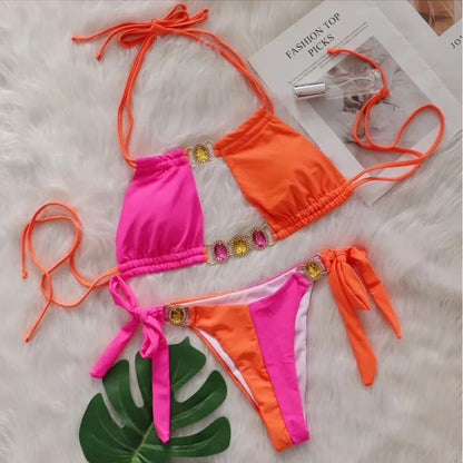 Pink Sexy Bikinis Swimsuit with Rhinestones - On sale