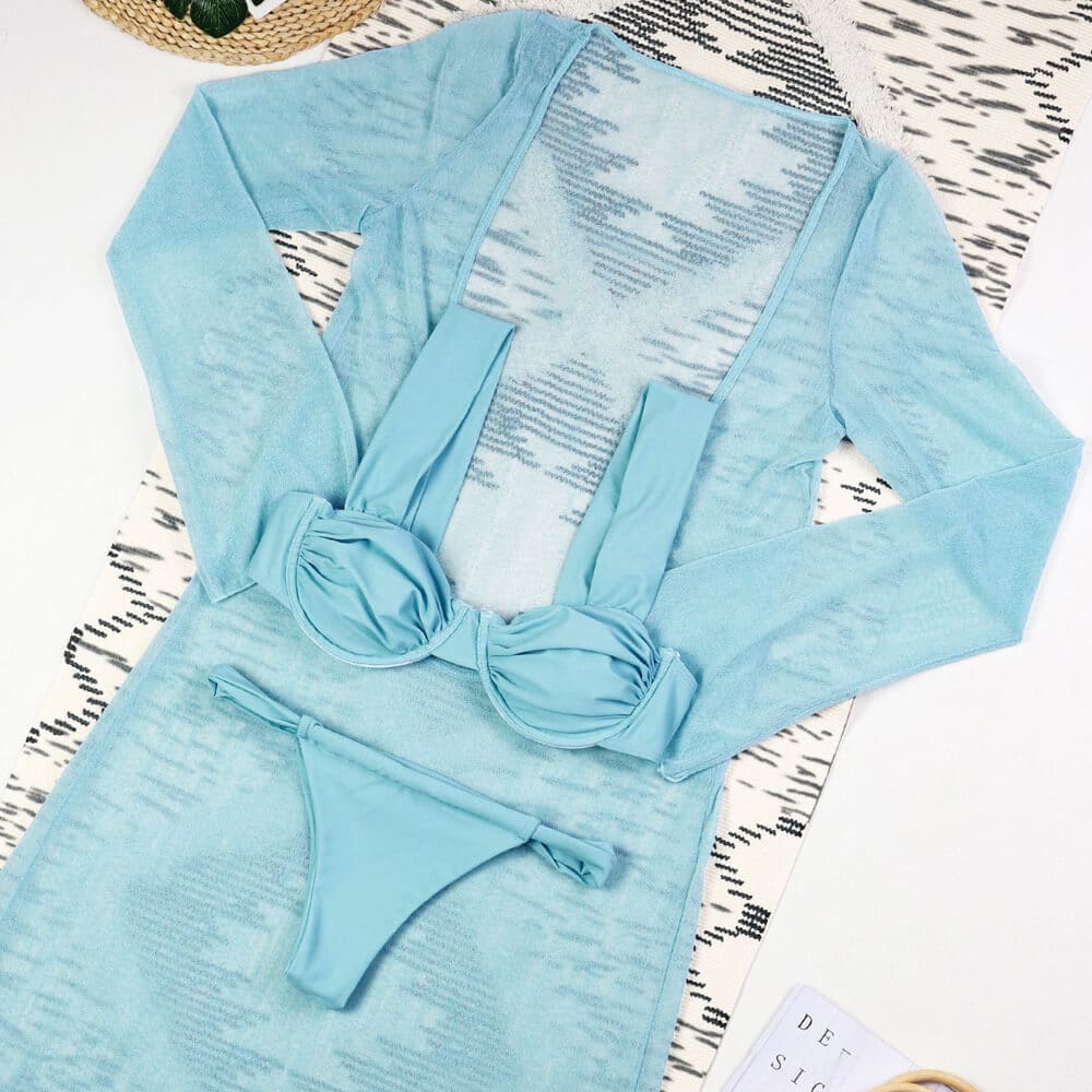 Plunge Cover-Up Brazilian Three-Piece Bikini Set - On sale