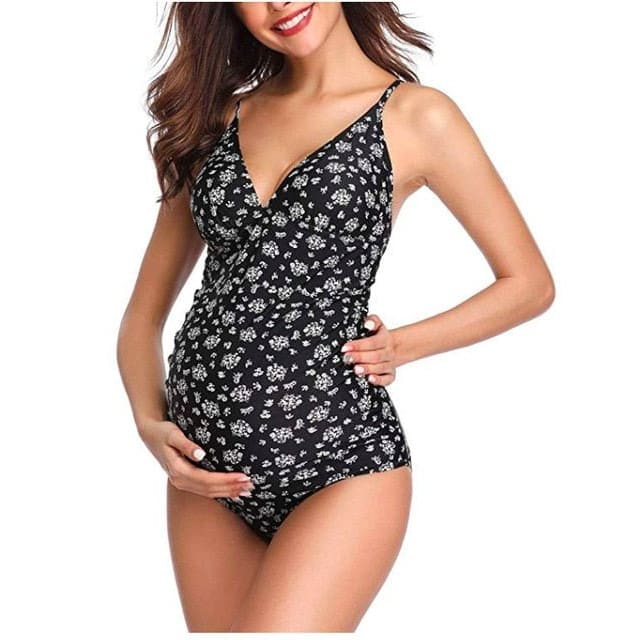Plus Size Letters Printed Maternity Swimsuit - Dark Grey / S On sale
