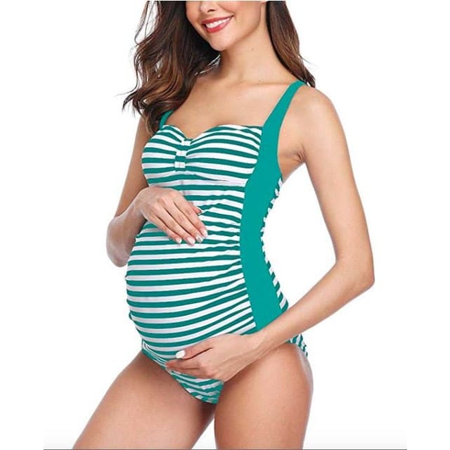 Plus Size Letters Printed Maternity Swimsuit - Green / S On sale