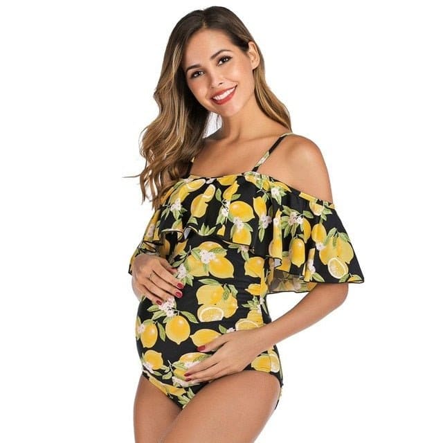 Plus Size Letters Printed Maternity Swimsuit - YELLOW / S On sale