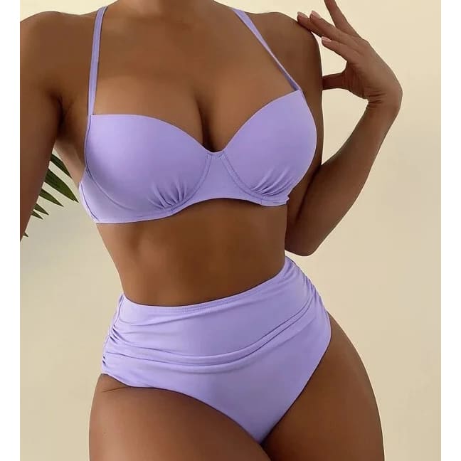 Plus Size Ruched High‑Waist Push‑Up Underwire Bikini Set - On sale