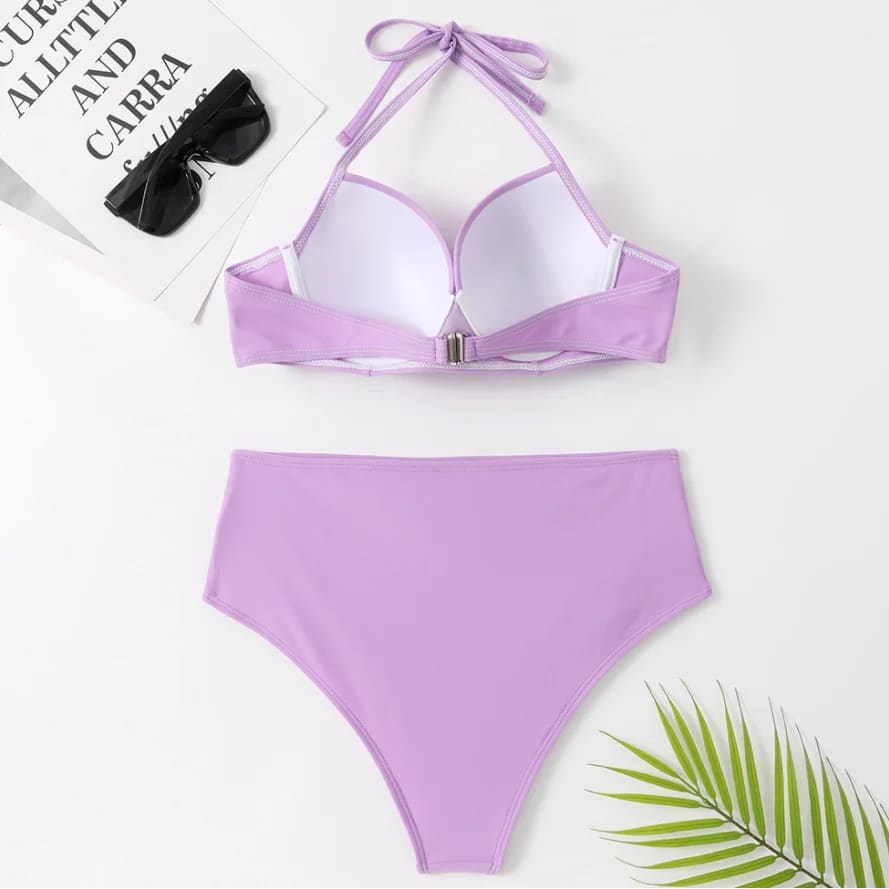 Plus Size Ruched High‑Waist Push‑Up Underwire Bikini Set - On sale