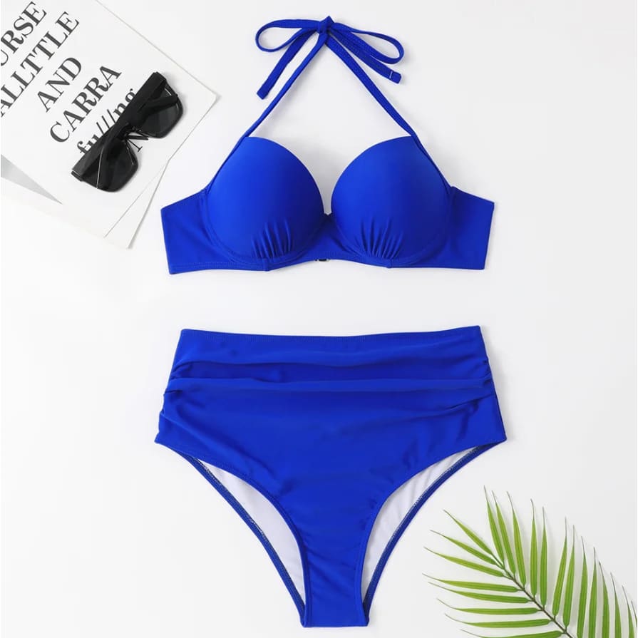 Plus Size Ruched High‑Waist Push‑Up Underwire Bikini Set - On sale