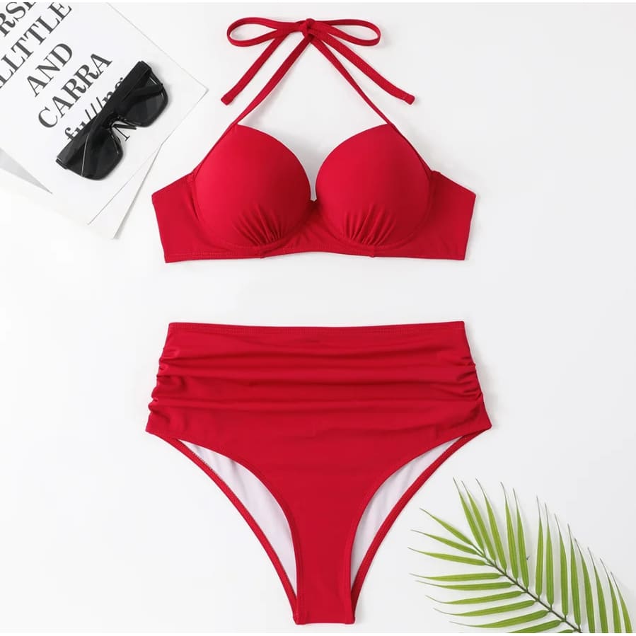 Plus Size Ruched High‑Waist Push‑Up Underwire Bikini Set - On sale