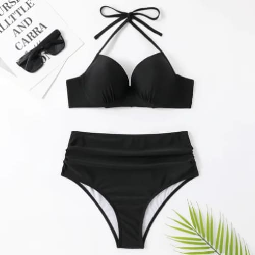 Plus Size Ruched High‑Waist Push‑Up Underwire Bikini Set - Black / S On sale