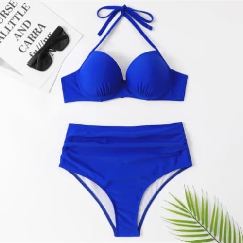 Plus Size Ruched High‑Waist Push‑Up Underwire Bikini Set - Blue / S On sale