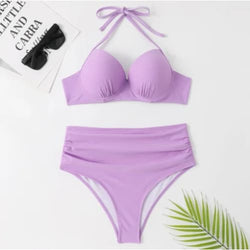 Blue push-up underwire bikini set with ruched high-waist bottoms, halter style.
