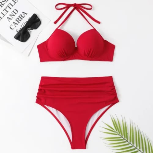 Plus Size Ruched High‑Waist Push‑Up Underwire Bikini Set - Red / S On sale