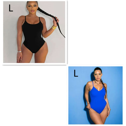 Plus Size Sexy Solid Backless String One Piece Swimsuit - Black Blue round collar / L