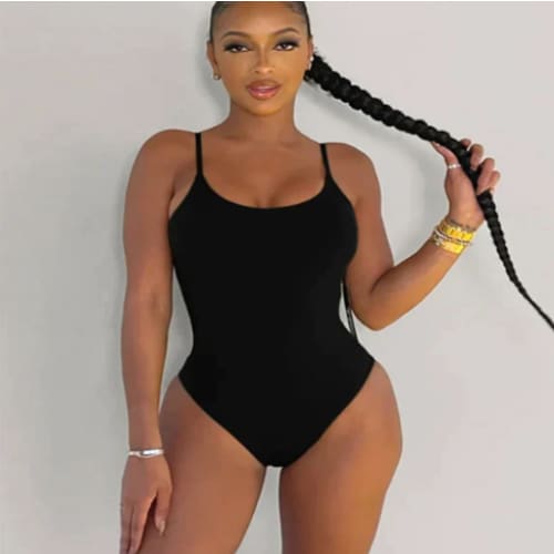 Plus Size Sexy Solid Backless String One Piece Swimsuit - Black round collar / L On sale