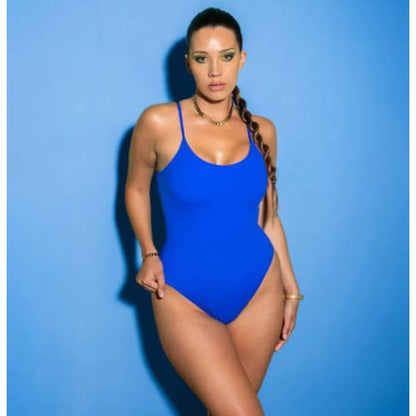 Plus Size Sexy Solid Backless String One Piece Swimsuit - Blue round collar / L On sale