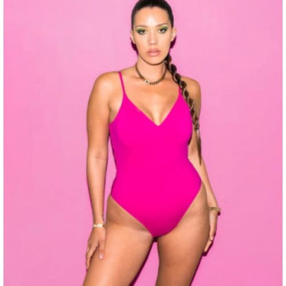 Plus Size Sexy Solid Backless String One Piece Swimsuit - Rose Red / 2XL On sale
