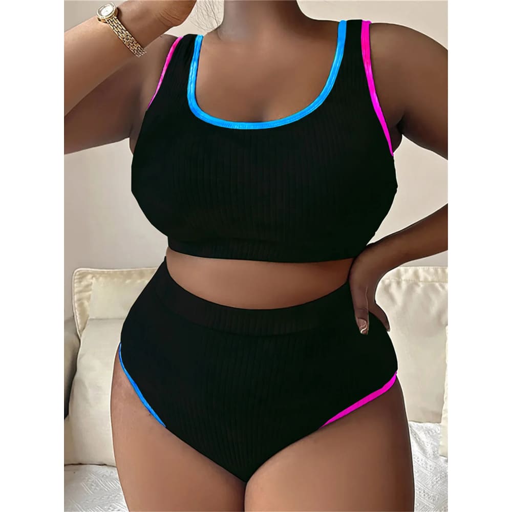 Plus Size Tie‑Dye High‑Waist Bikini Set for Women - black / 0XL On sale