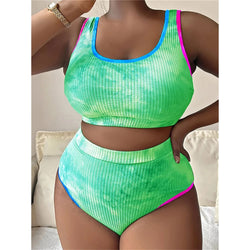 Plus size tie-dye high-waist bikini set, green-blue ribbed knit, high coverage bottoms