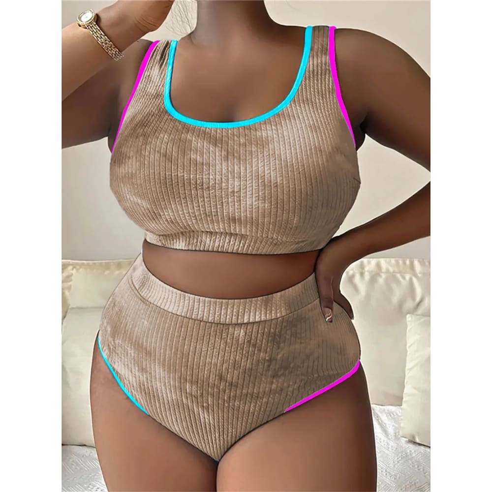 Plus Size Tie‑Dye High‑Waist Bikini Set for Women - Khaki / 0XL On sale
