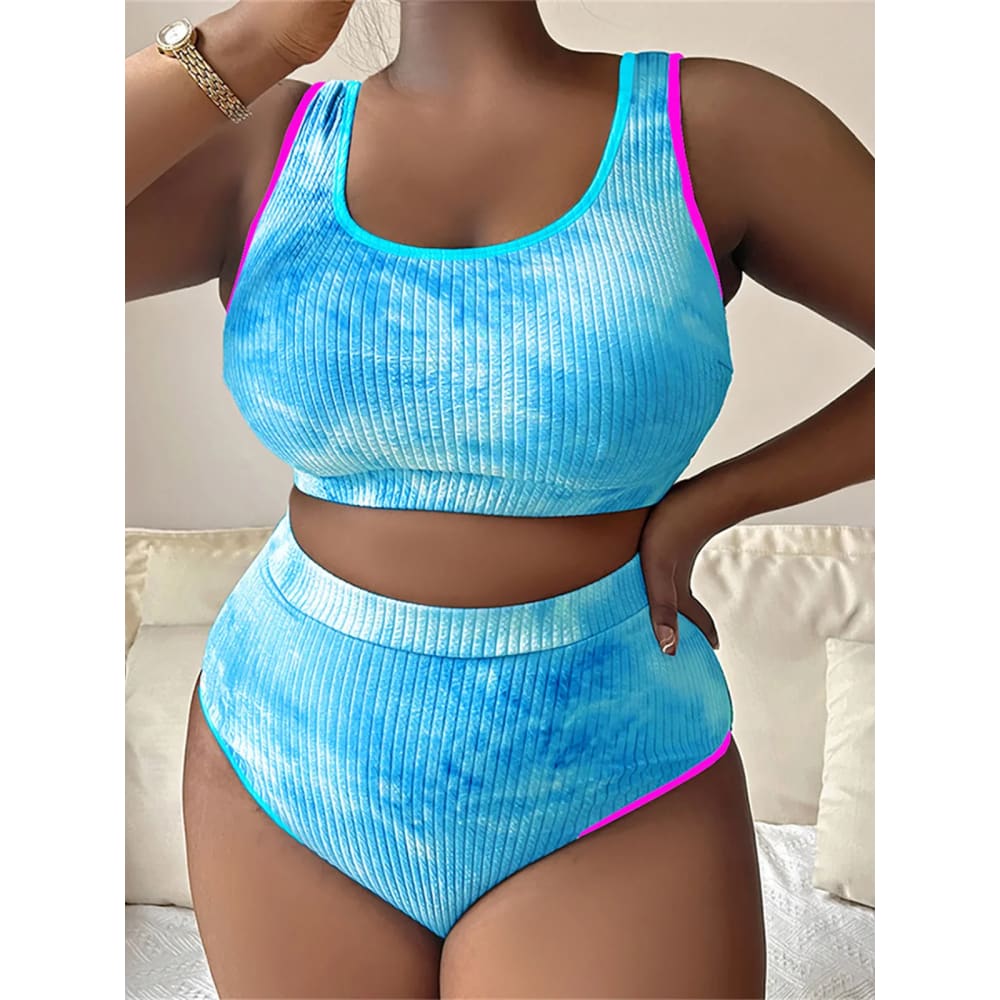 Plus Size Tie‑Dye High‑Waist Bikini Set for Women - Sky Blue / 0XL On sale