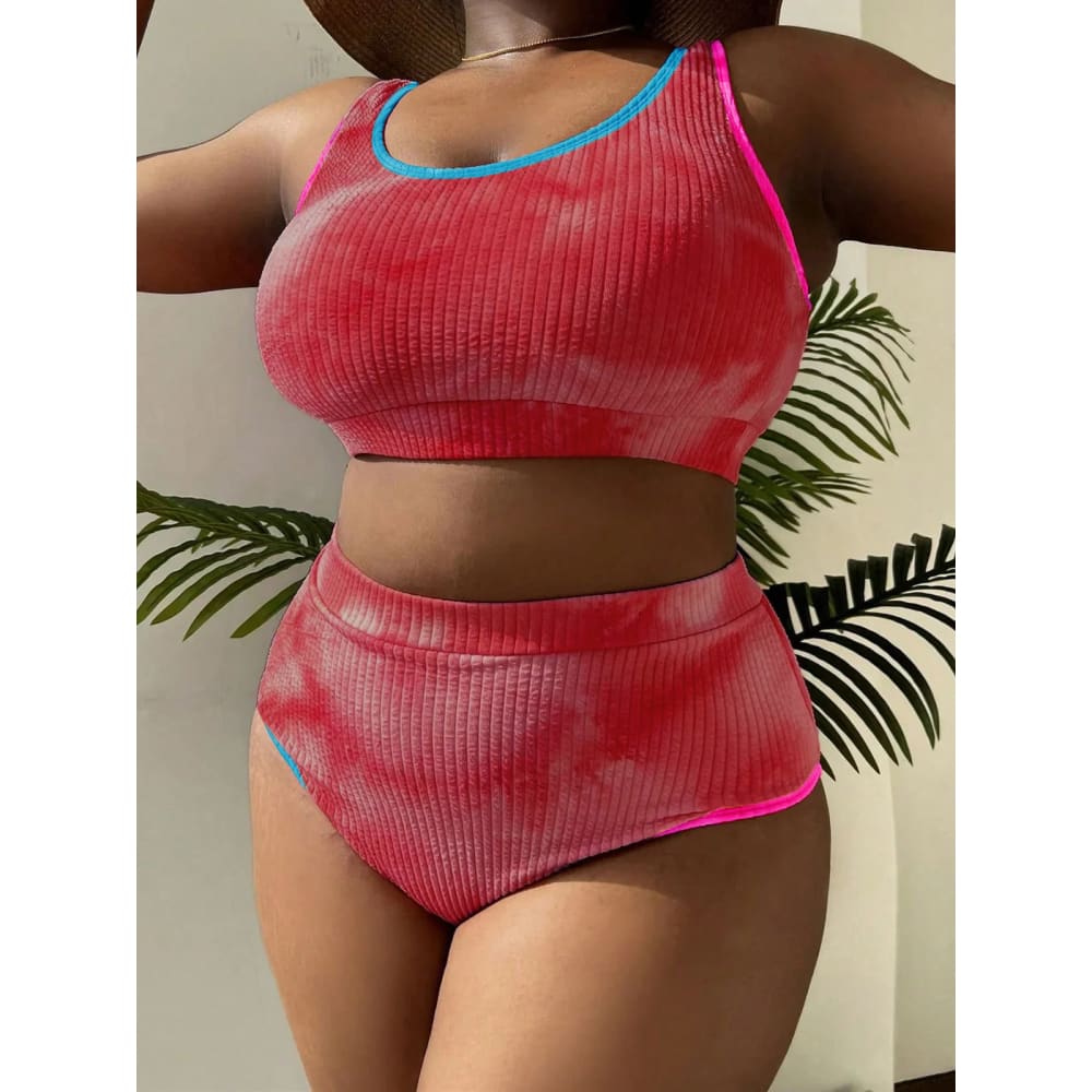 Plus Size Tie‑Dye High‑Waist Bikini Set for Women - Watermelon red / 0XL On sale