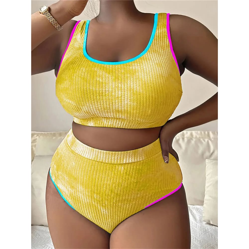 Plus Size Tie‑Dye High‑Waist Bikini Set for Women - Yellow / 0XL On sale