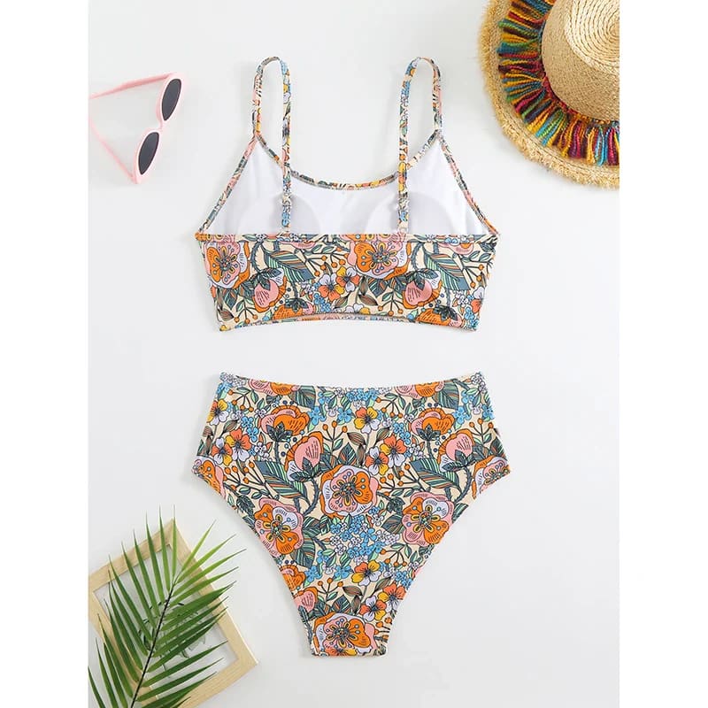 Floral print sporty bikini set: strappy bra top and high-waist briefs (flat lay)