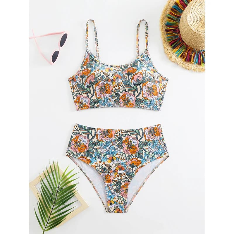 Floral print bikini set, scoop-neck bra top with high-waist briefs (flat lay)