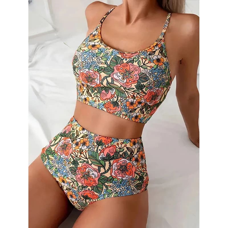Floral vintage bikini set, sleeveless crop top with high-rise high-waist bottoms