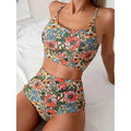 Floral vintage bikini set, sleeveless crop top with high-rise high-waist bottoms